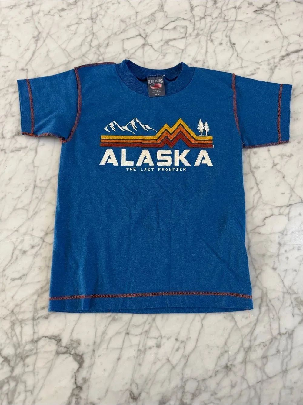 Vintage Alaska Graphic Kids Tee Sz 6/8 Blue Made in USA *fits 5/6